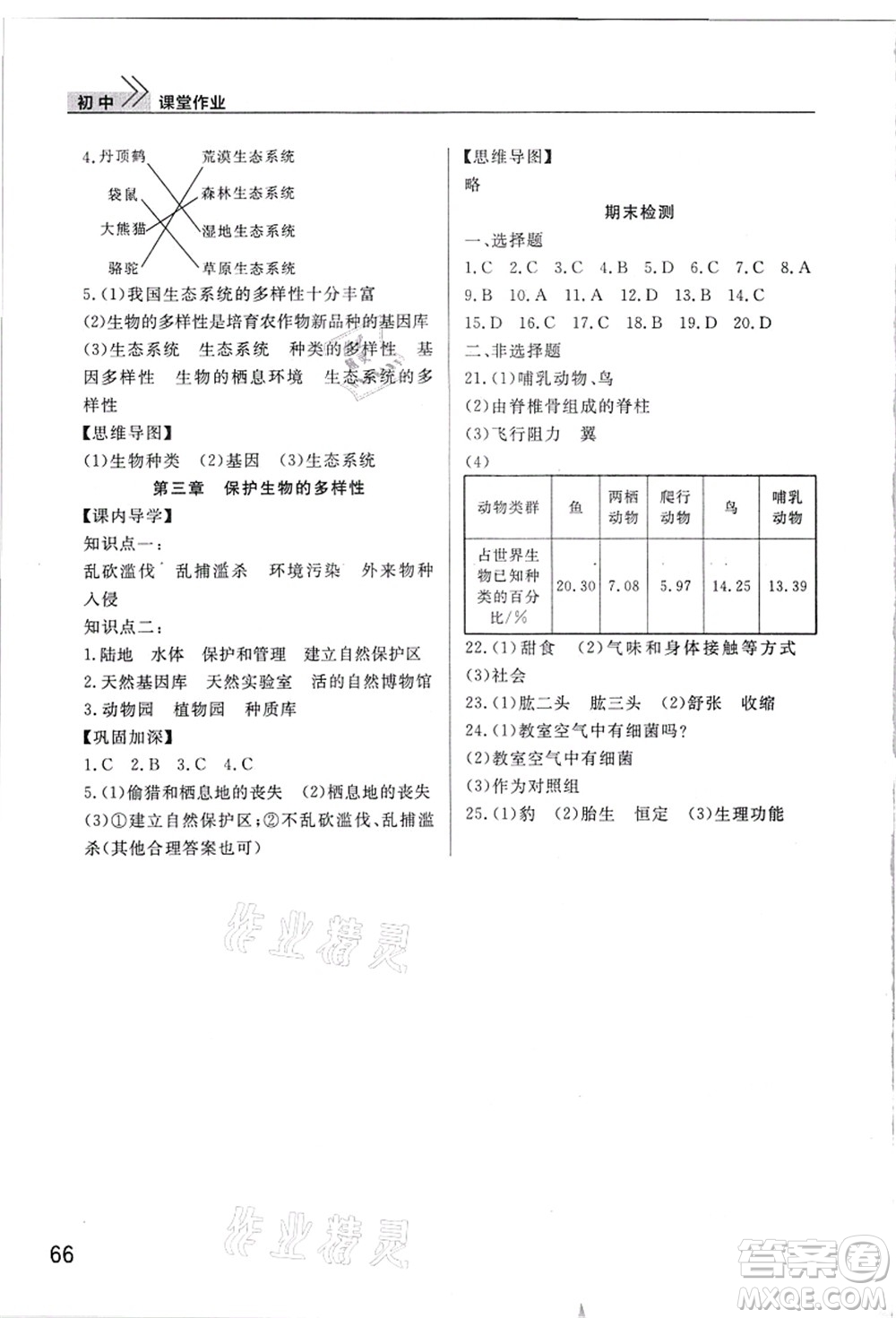 武漢出版社2021智慧學習天天向上課堂作業(yè)八年級生物上冊人教版答案