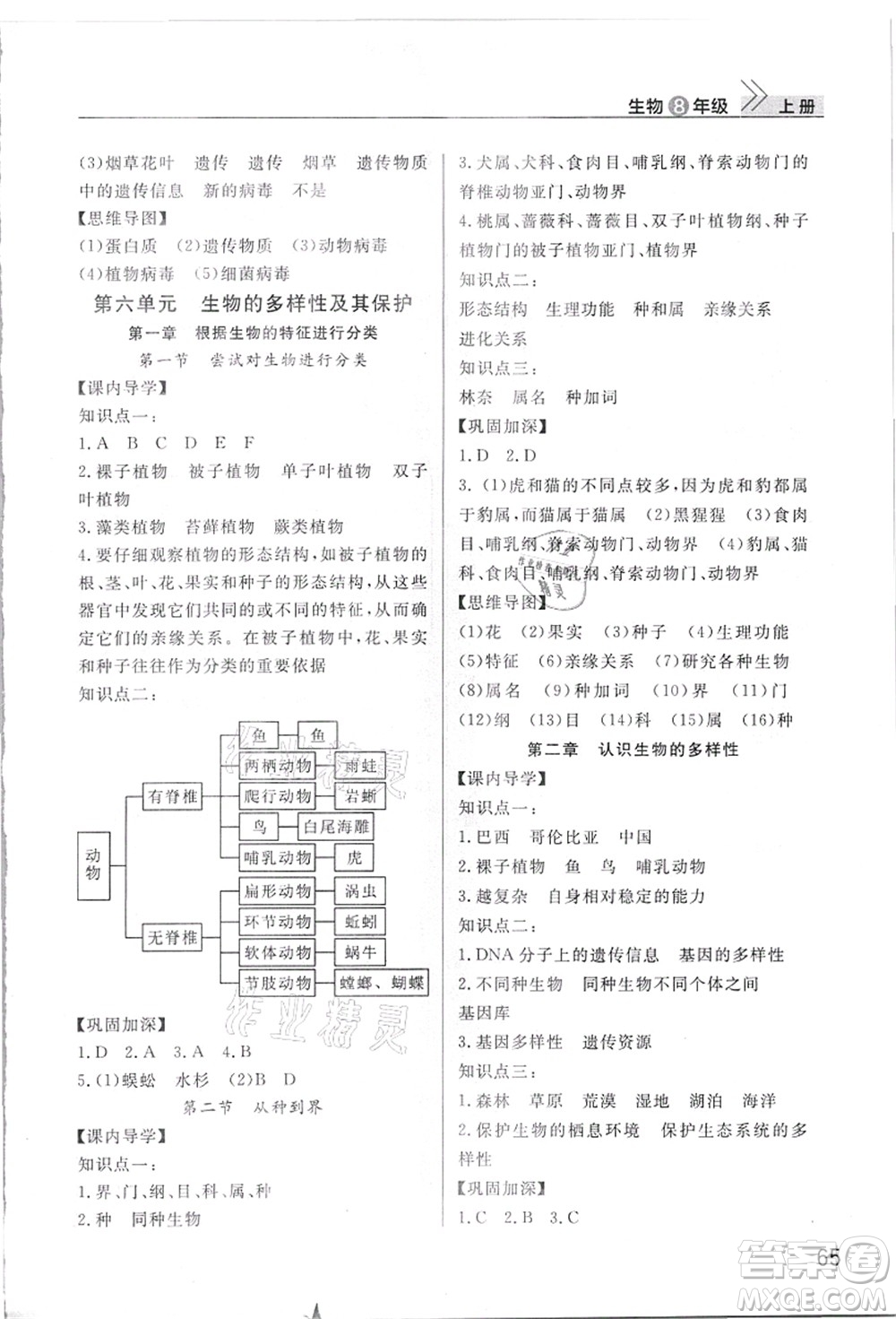 武漢出版社2021智慧學習天天向上課堂作業(yè)八年級生物上冊人教版答案