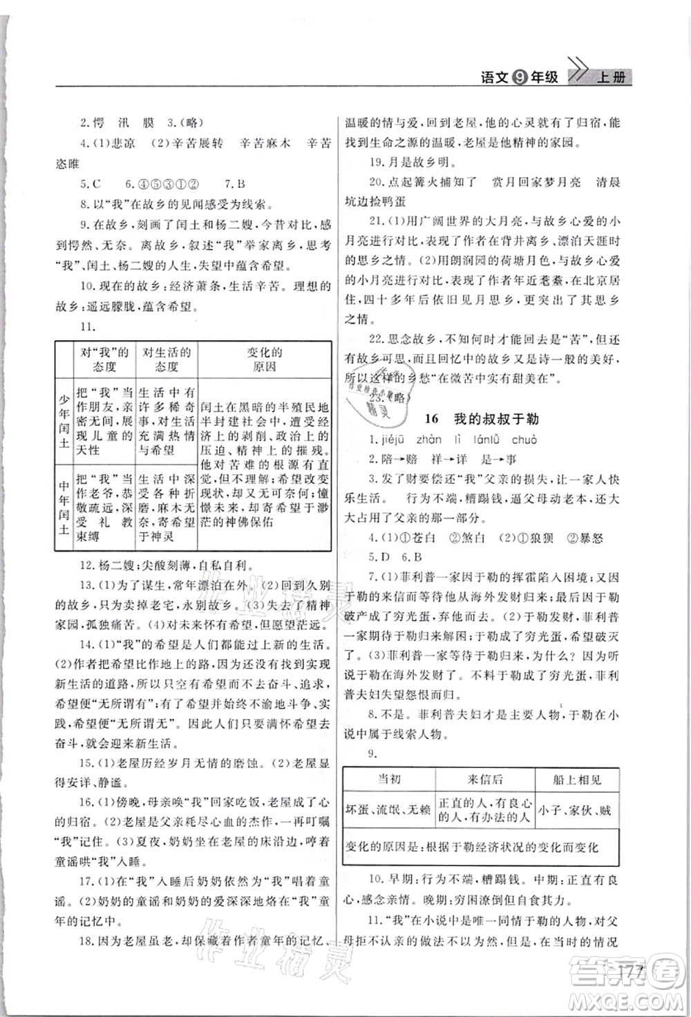 武漢出版社2021智慧學(xué)習(xí)天天向上課堂作業(yè)九年級語文上冊人教版答案