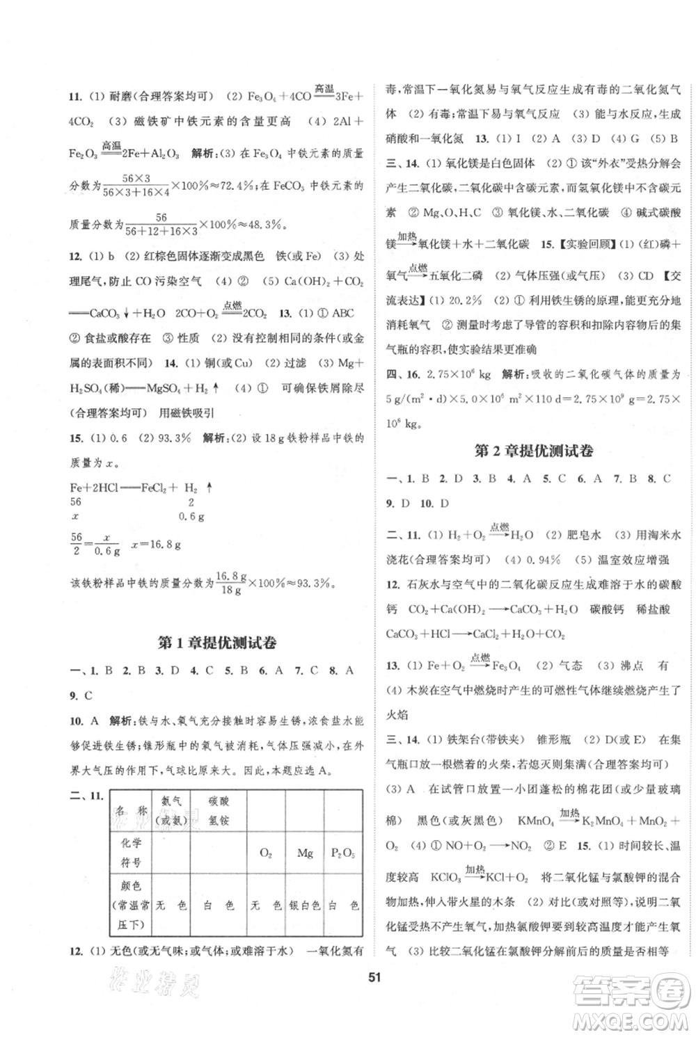 南京大學(xué)出版社2021提優(yōu)訓(xùn)練課課練九年級上冊化學(xué)國標(biāo)上海版徐州專版參考答案