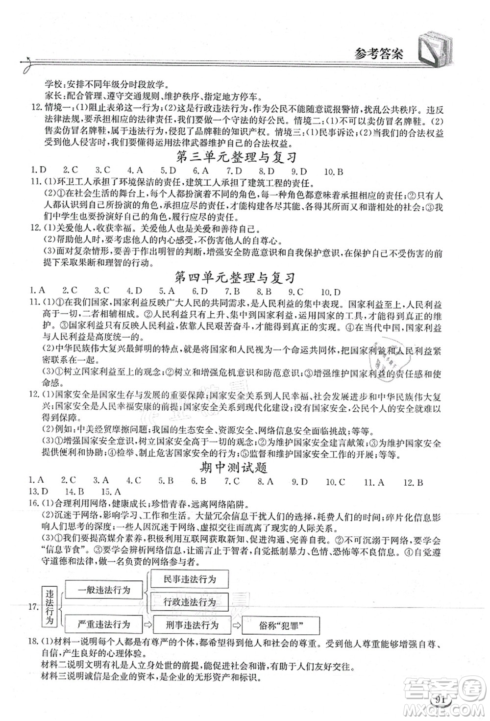 湖北教育出版社2021長江作業(yè)本同步練習冊八年級道德與法治上冊人教版答案