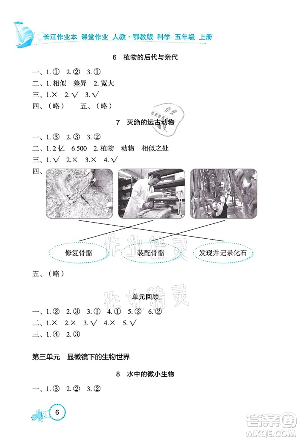 湖北教育出版社2021長江作業(yè)本課堂作業(yè)五年級科學上冊人教鄂教版答案
