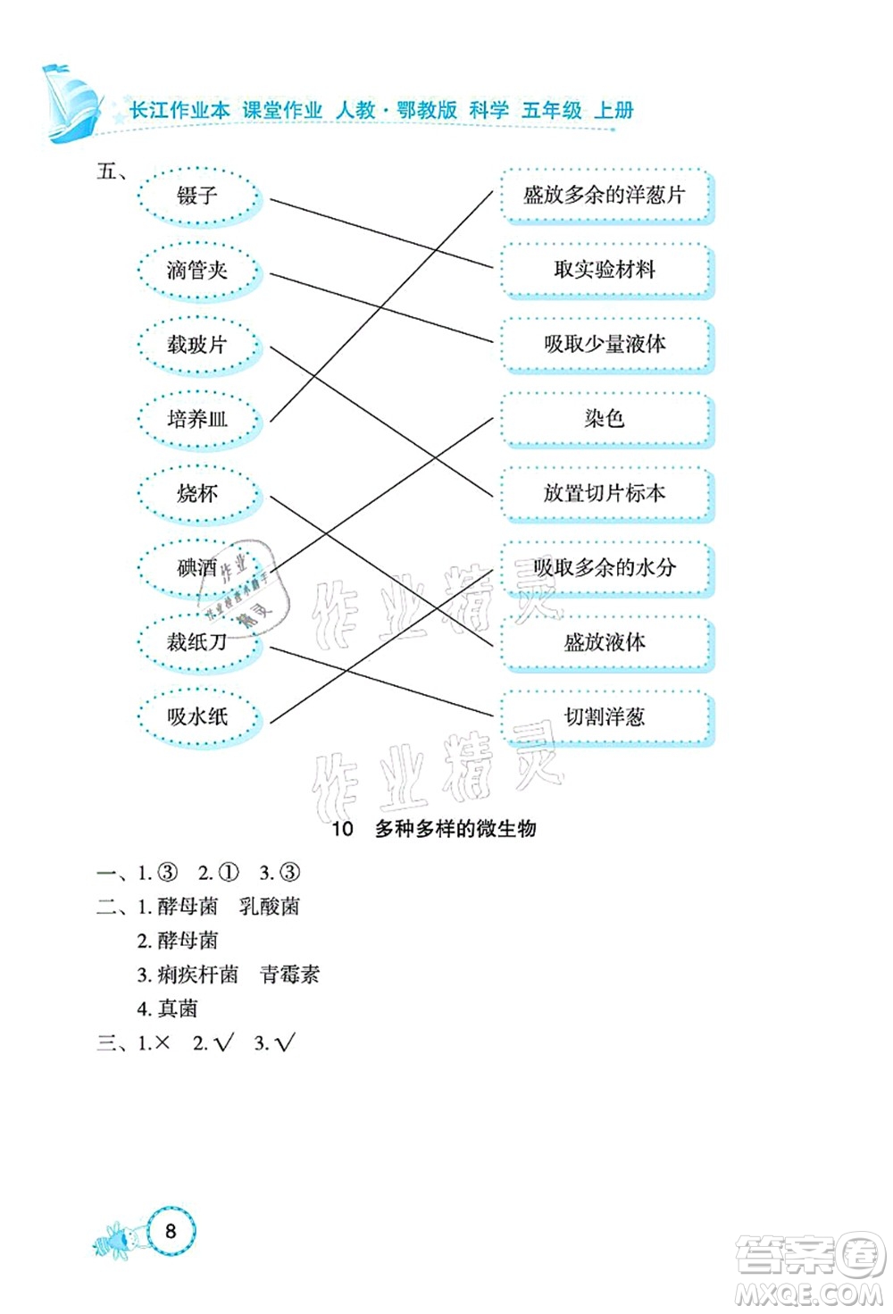 湖北教育出版社2021長江作業(yè)本課堂作業(yè)五年級科學上冊人教鄂教版答案