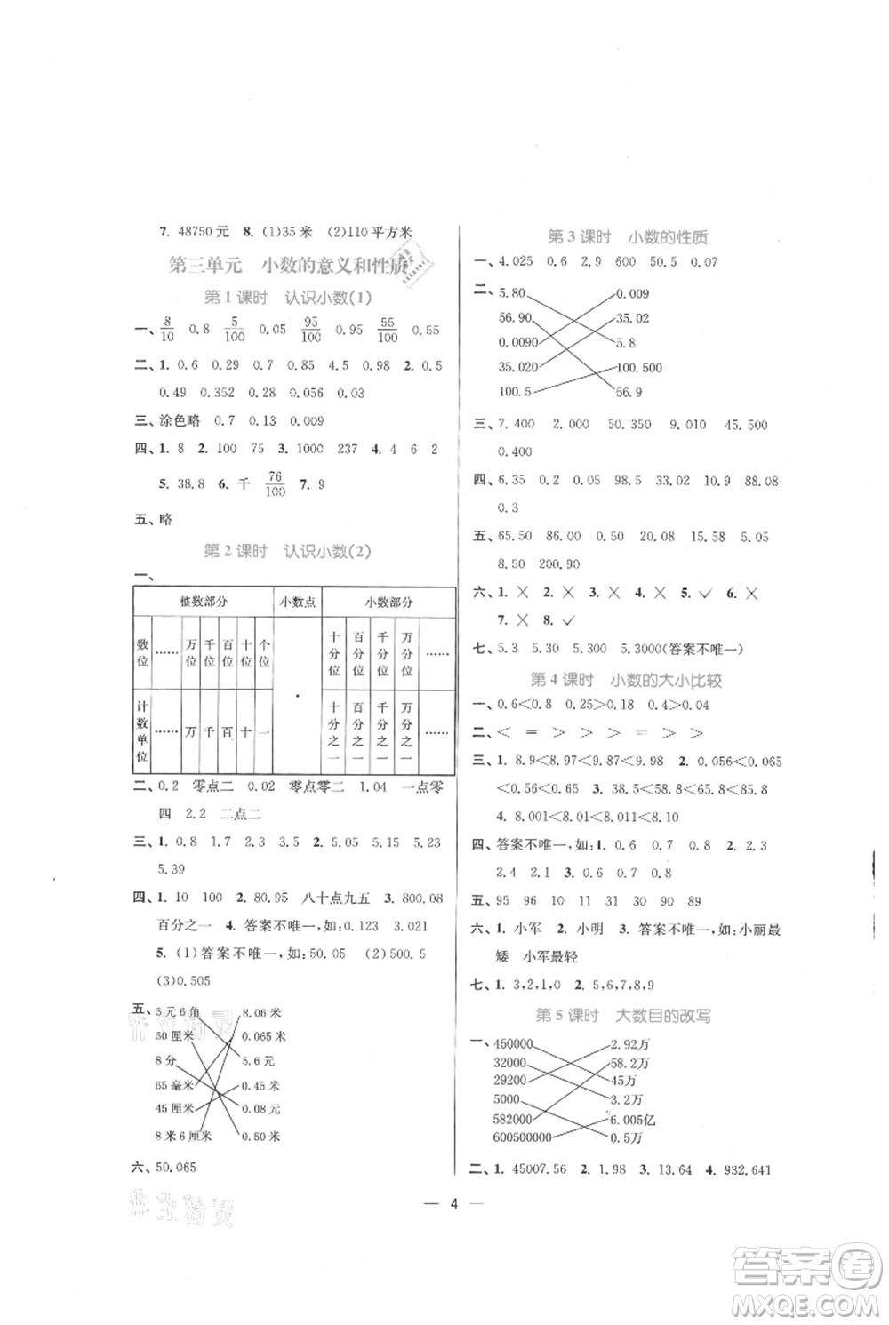 江蘇鳳凰美術出版社2021課時金練五年級上冊數(shù)學江蘇版參考答案