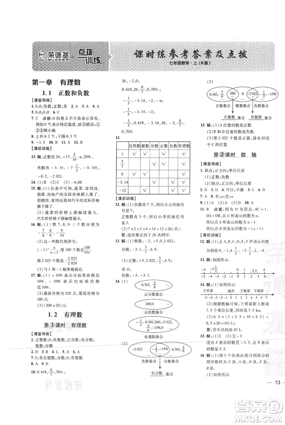 吉林教育出版社2021點撥訓(xùn)練課時作業(yè)本七年級上冊數(shù)學(xué)人教版參考答案