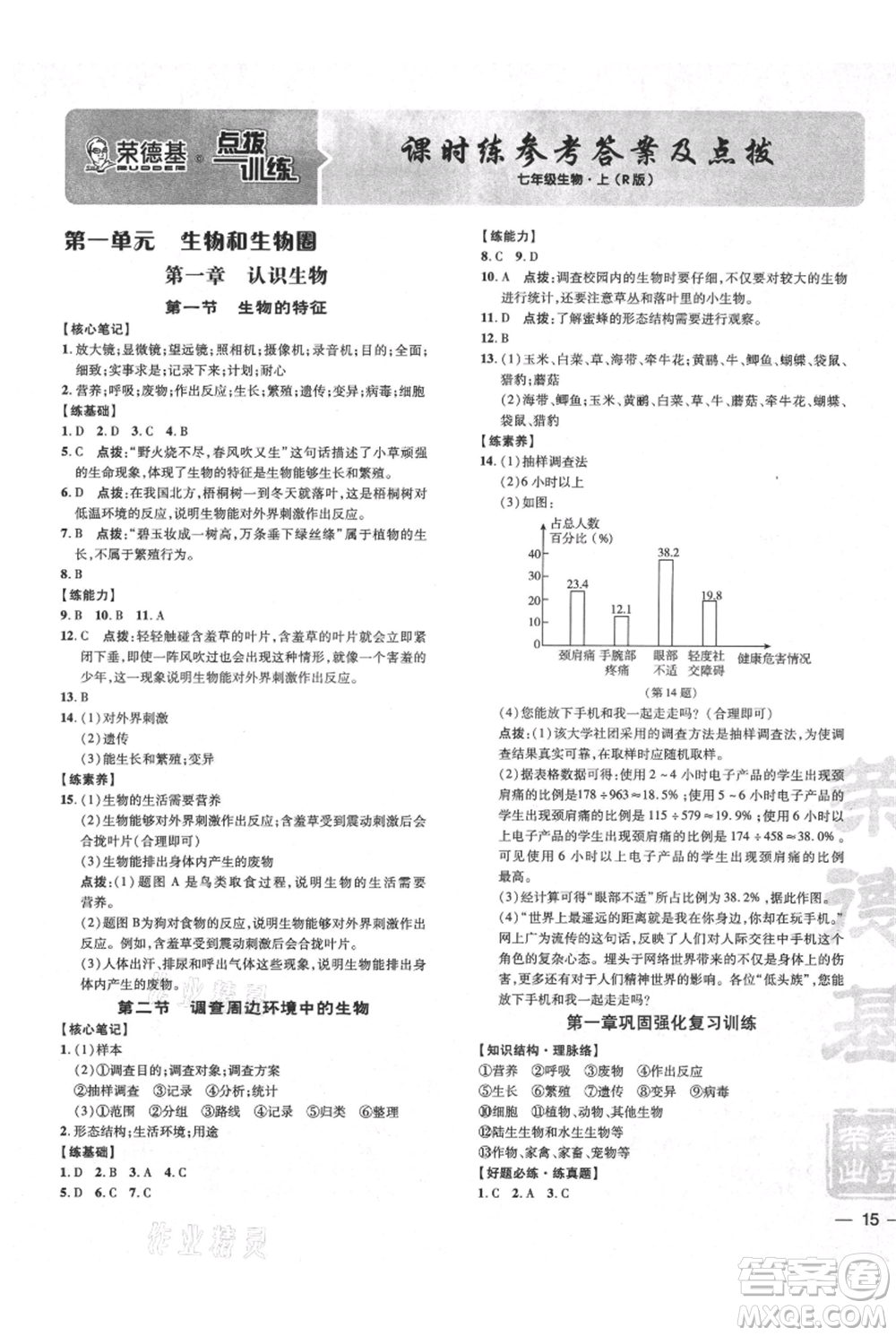 吉林教育出版社2021點撥訓練課時作業(yè)本七年級上冊生物人教版參考答案