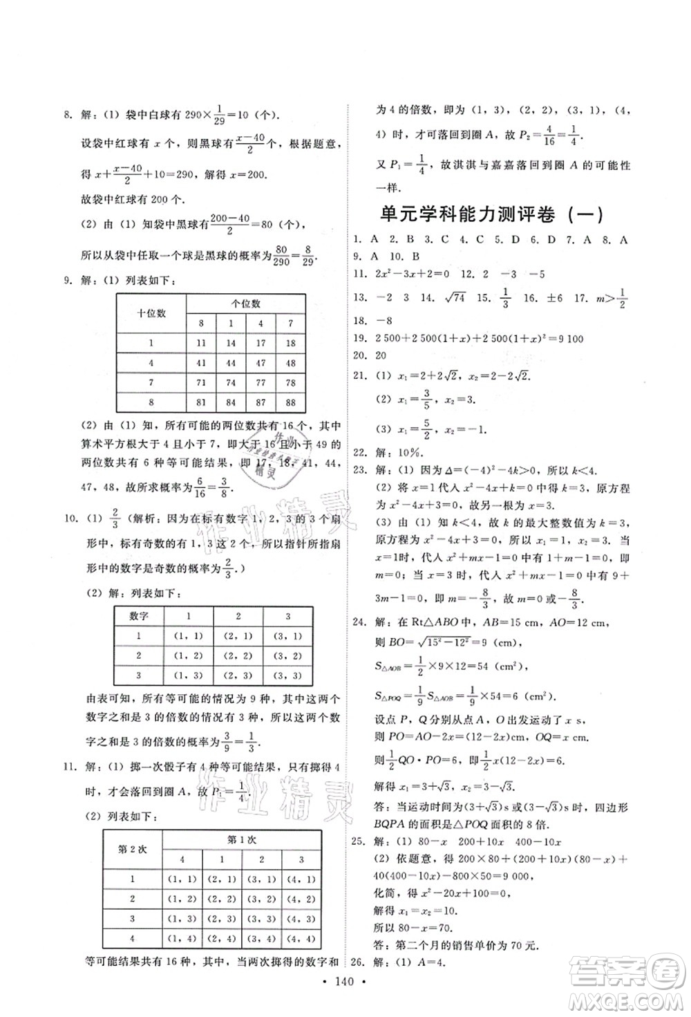 人民教育出版社2021能力培養(yǎng)與測試九年級數(shù)學(xué)上冊人教版答案