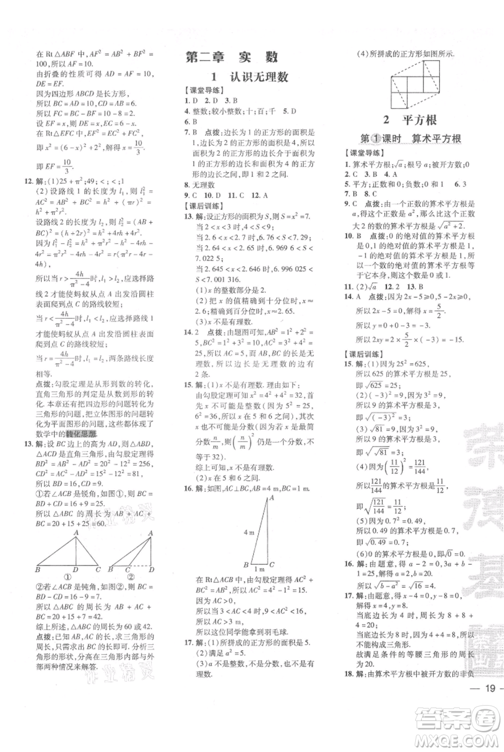 安徽教育出版社2021點撥訓練課時作業(yè)本八年級上冊數(shù)學北師大版參考答案