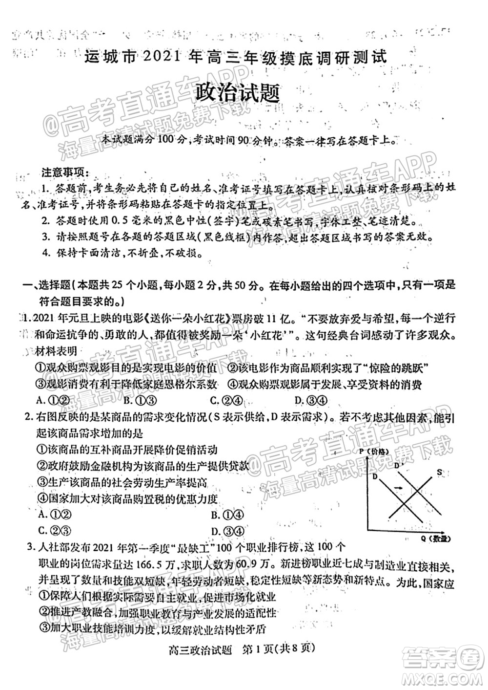 運(yùn)城市2021年高三年級(jí)摸底調(diào)研測試政治試卷及答案