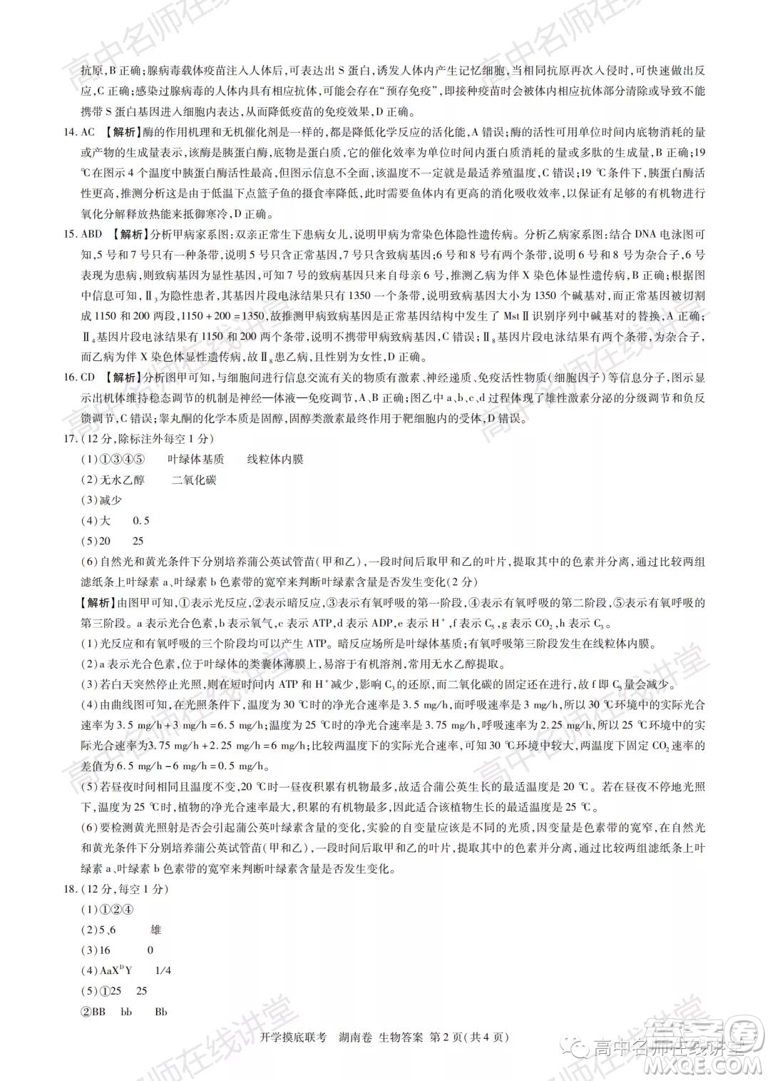2022屆高三開學摸底聯(lián)考新高考I卷湖南卷生物試卷及答案