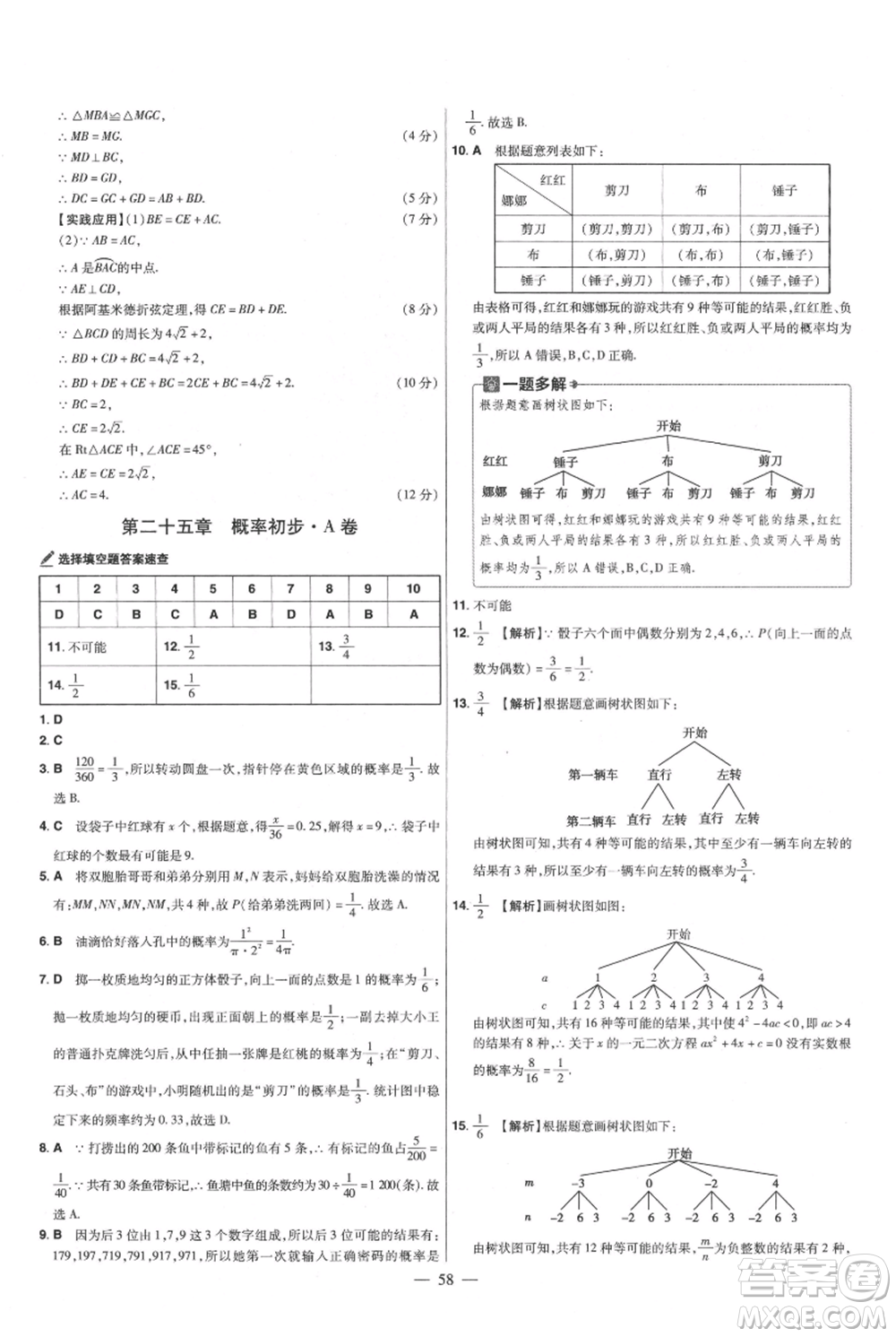 延邊教育出版社2021金考卷活頁題選初中同步單元雙測卷九年級(jí)上冊數(shù)學(xué)人教版參考答案
