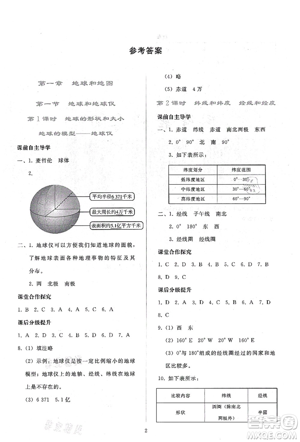 人民教育出版社2021同步輕松練習七年級地理上冊人教版答案