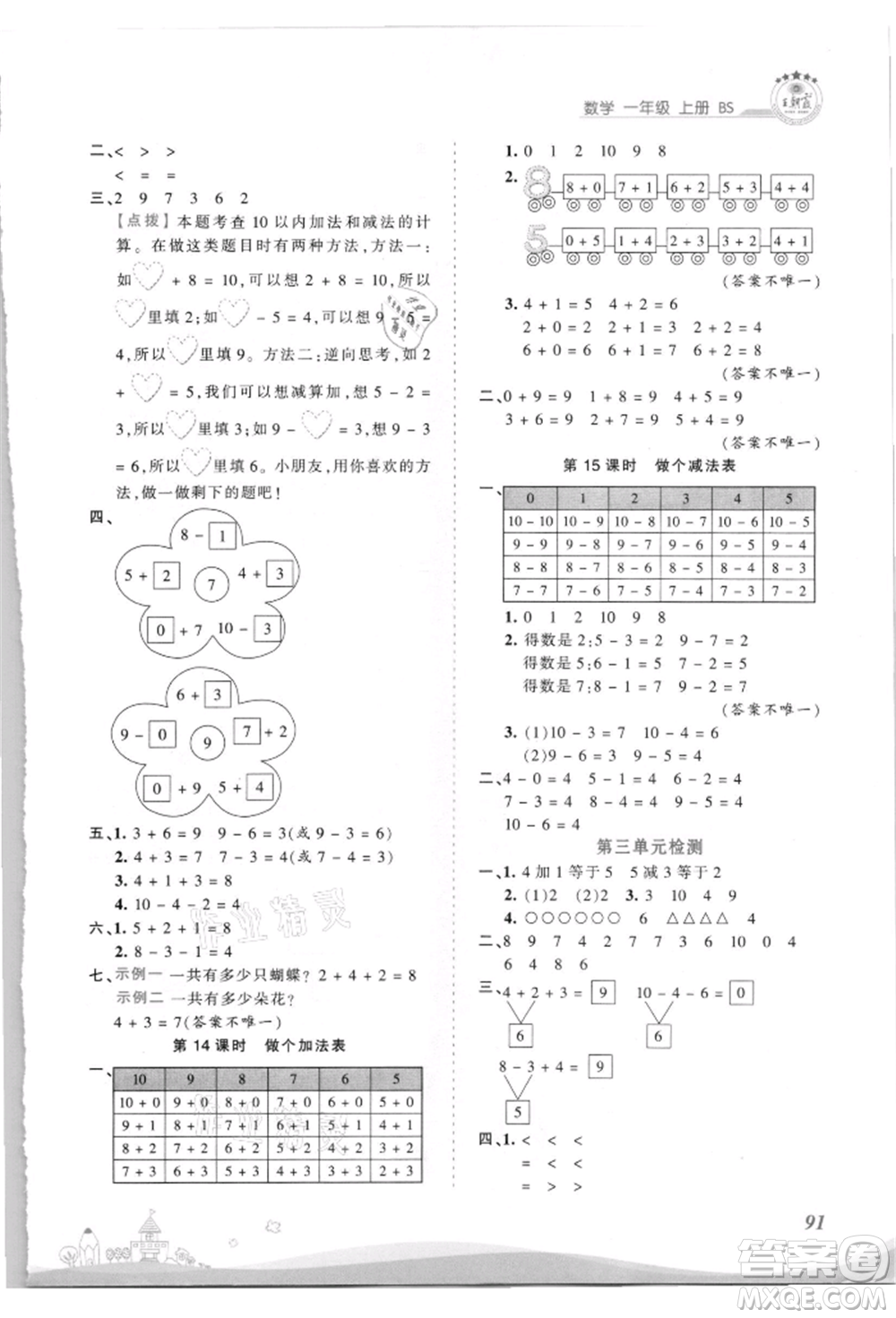 江西人民出版社2021王朝霞創(chuàng)維新課堂同步優(yōu)化訓練一年級上冊數(shù)學北師大版參考答案