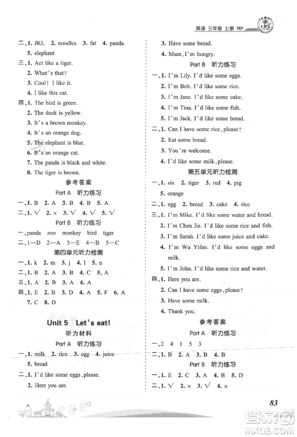 江西人民出版社2021王朝霞創(chuàng)維新課堂同步優(yōu)化訓(xùn)練三年級上冊英語人教版參考答案