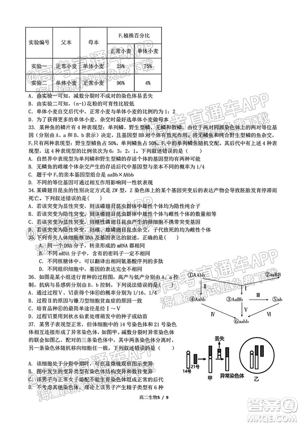 成都外國語學校2021-2022上期高二入學考試生物試題及答案