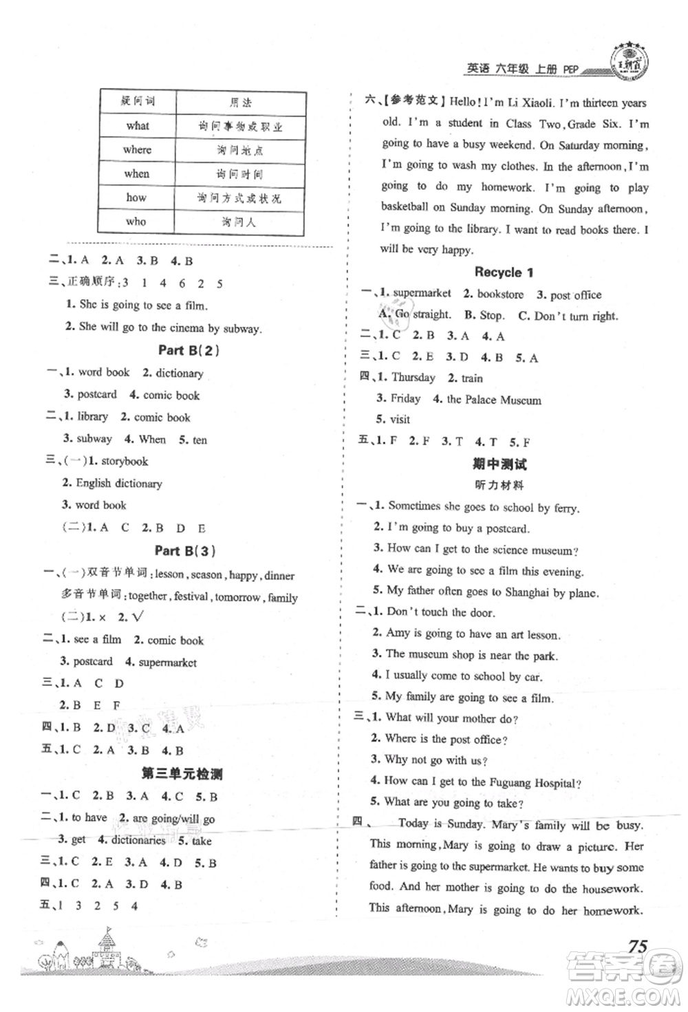 江西人民出版社2021王朝霞創(chuàng)維新課堂同步優(yōu)化訓練六年級上冊英語人教版參考答案
