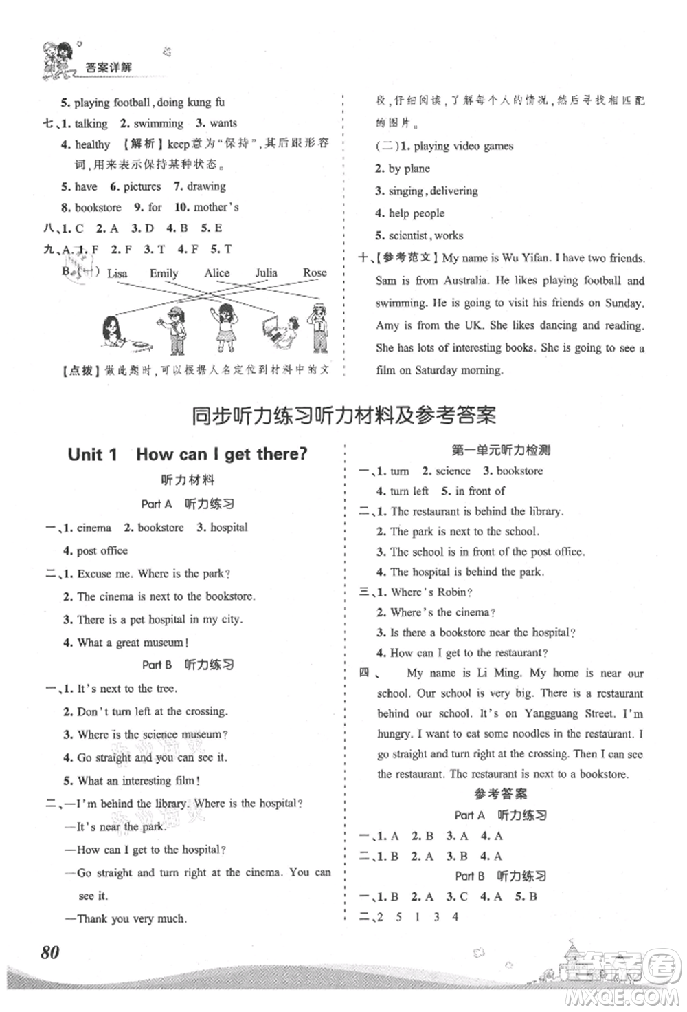 江西人民出版社2021王朝霞創(chuàng)維新課堂同步優(yōu)化訓練六年級上冊英語人教版參考答案