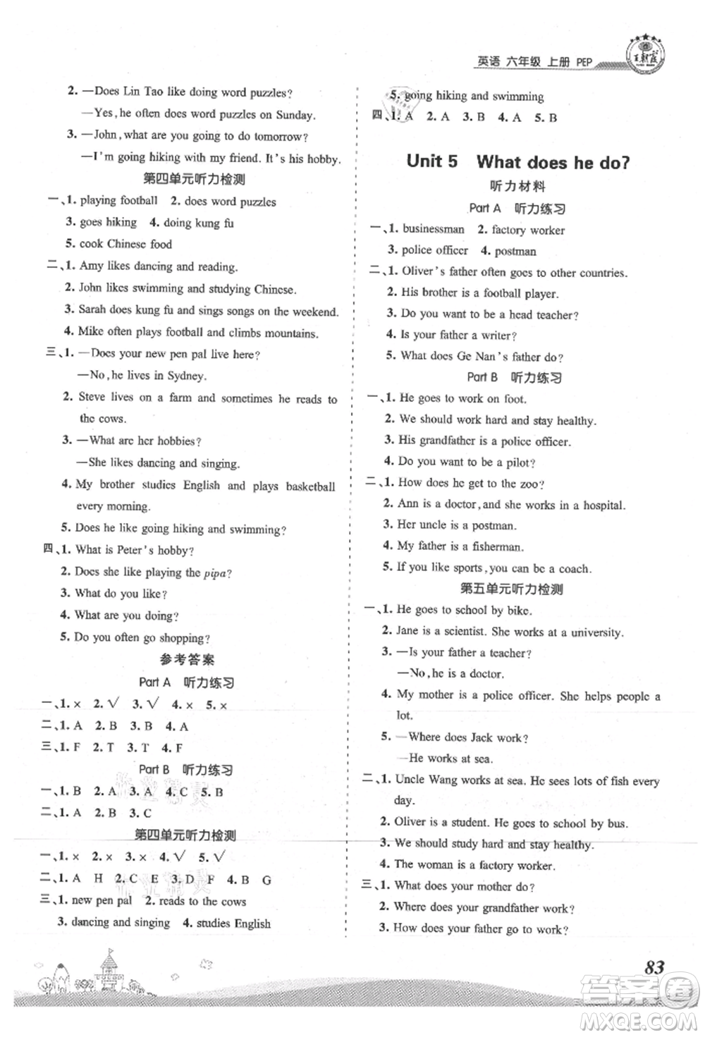 江西人民出版社2021王朝霞創(chuàng)維新課堂同步優(yōu)化訓練六年級上冊英語人教版參考答案