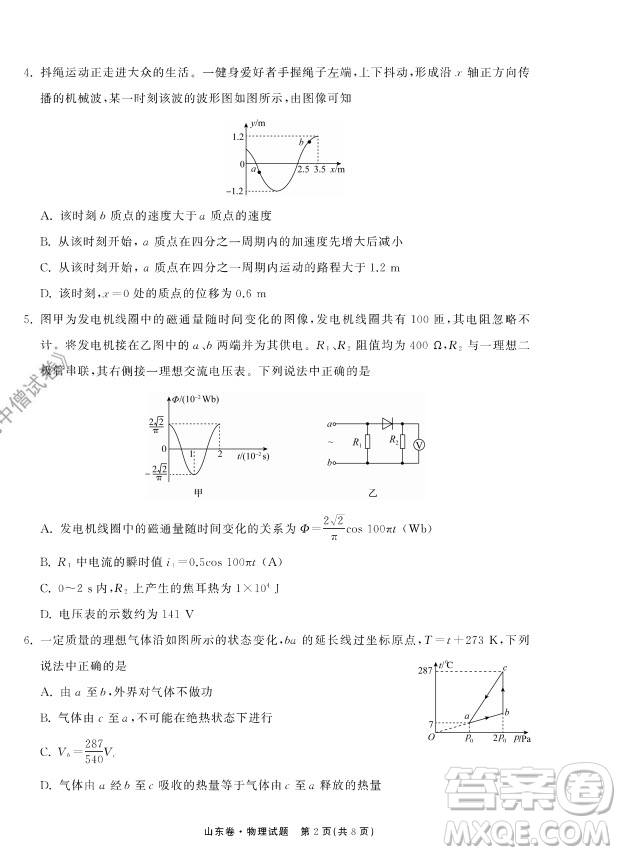 2022屆山東省高三第一次學(xué)業(yè)質(zhì)量聯(lián)合檢測(cè)物理試卷及答案