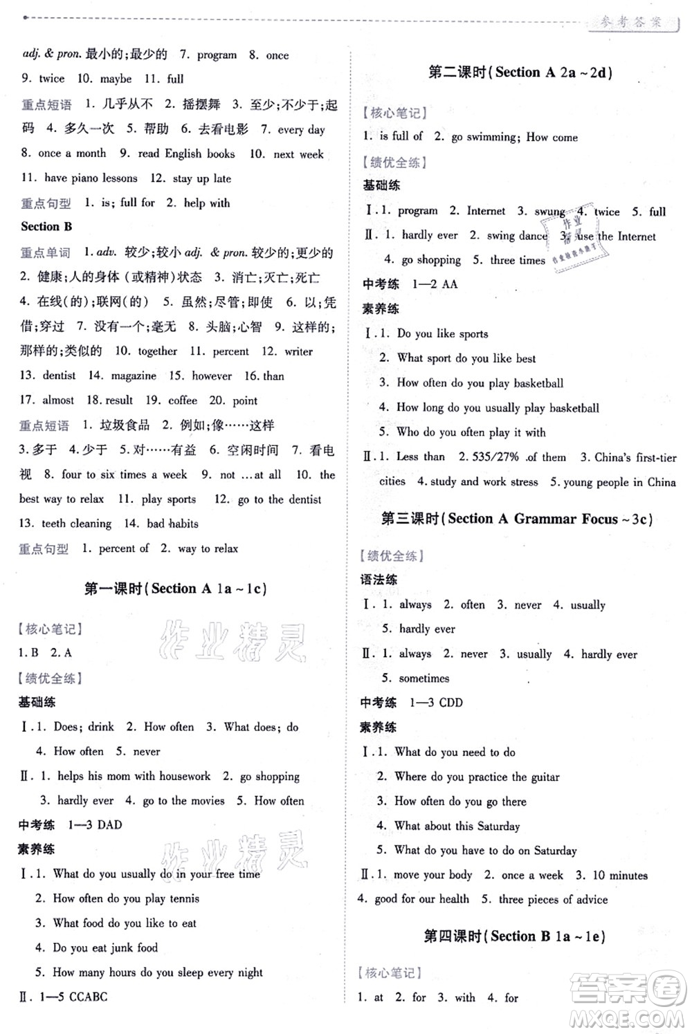 人民教育出版社2021績(jī)優(yōu)學(xué)案八年級(jí)英語上冊(cè)人教版答案