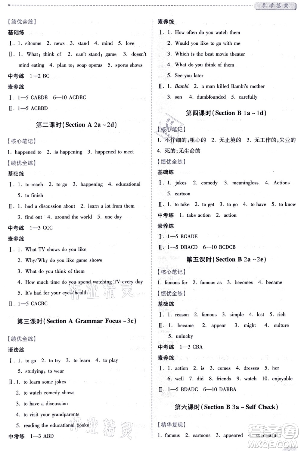 人民教育出版社2021績(jī)優(yōu)學(xué)案八年級(jí)英語上冊(cè)人教版答案