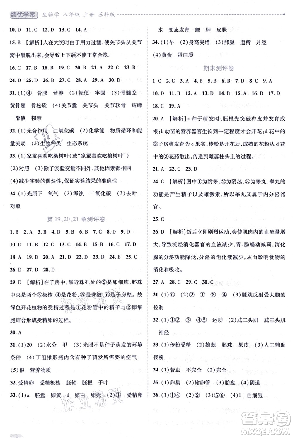 陜西師范大學(xué)出版總社有限公司2021績(jī)優(yōu)學(xué)案八年級(jí)生物上冊(cè)蘇科版答案