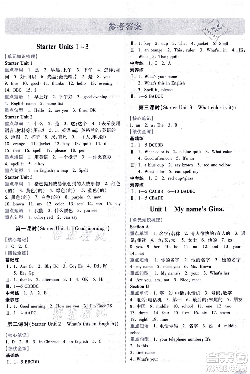 人民教育出版社2021績(jī)優(yōu)學(xué)案七年級(jí)英語上冊(cè)人教版答案