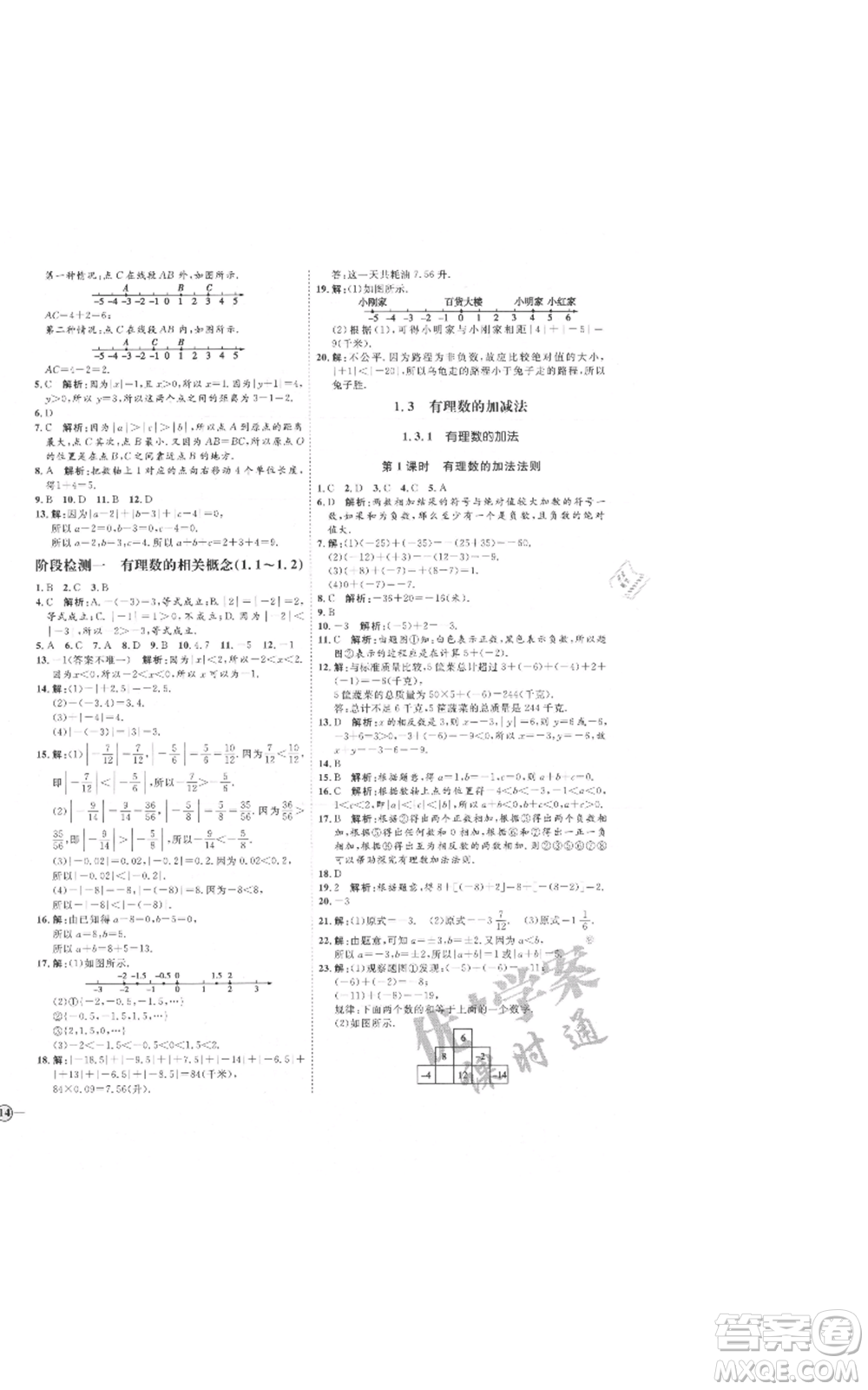 延邊教育出版社2021優(yōu)+學(xué)案課時(shí)通七年級(jí)上冊(cè)數(shù)學(xué)人教版河北專(zhuān)版參考答案