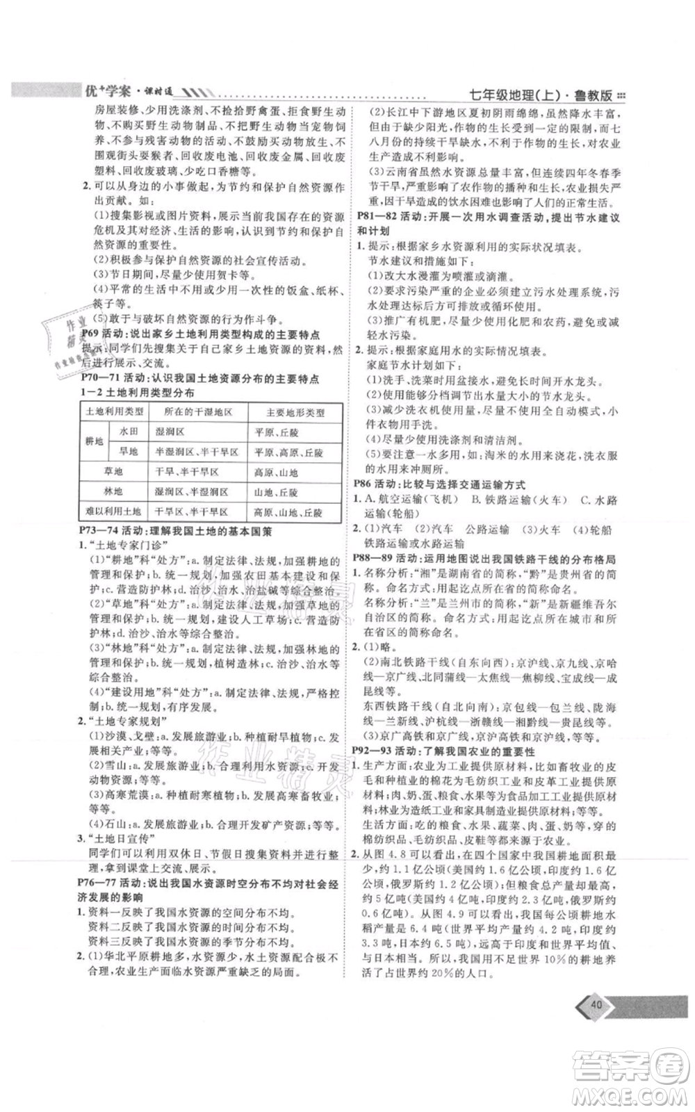 吉林教育出版社2021優(yōu)+學(xué)案課時(shí)通七年級(jí)上冊(cè)地理魯教版參考答案