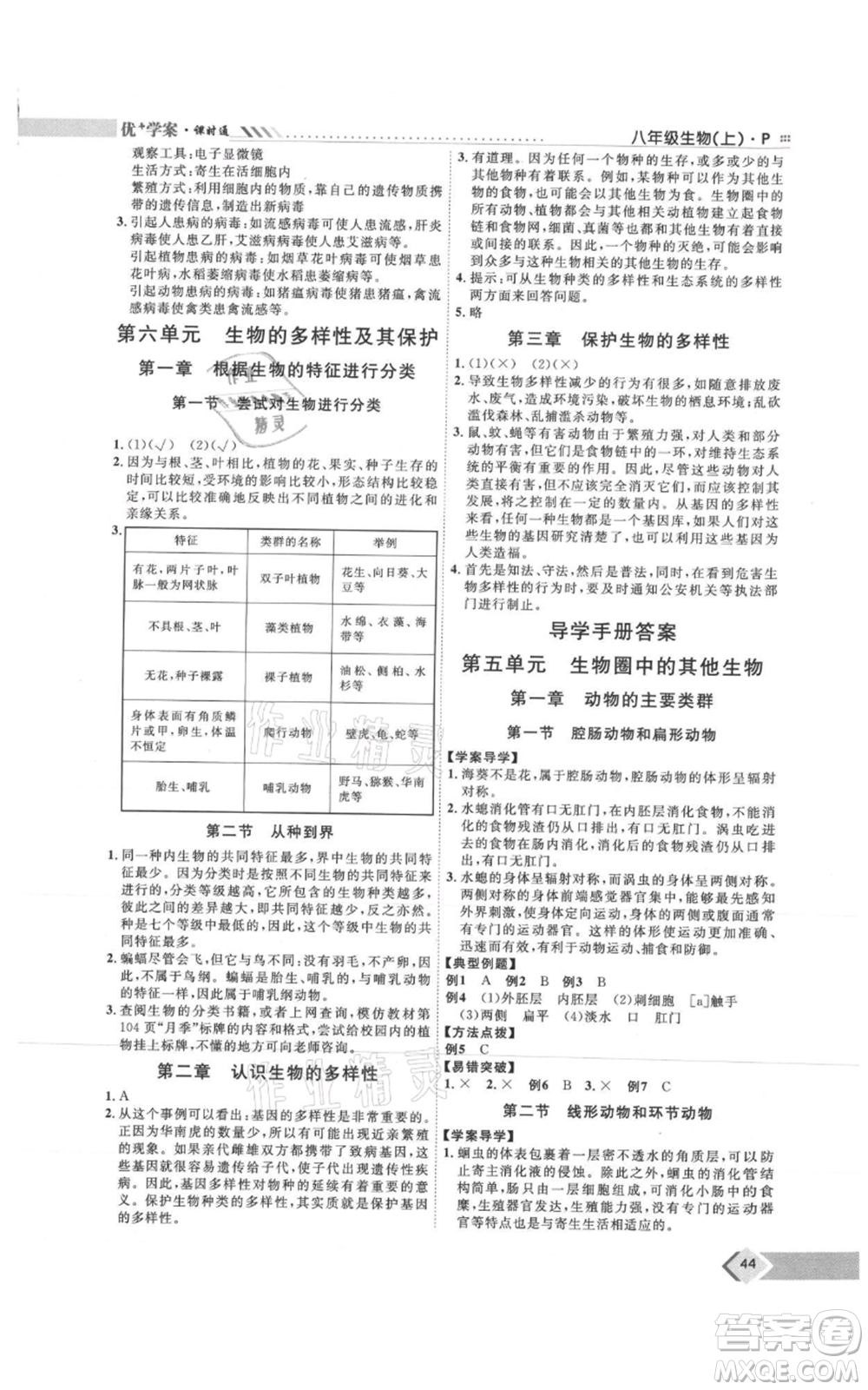 吉林教育出版社2021優(yōu)+學(xué)案課時(shí)通八年級(jí)上冊(cè)生物人教版參考答案