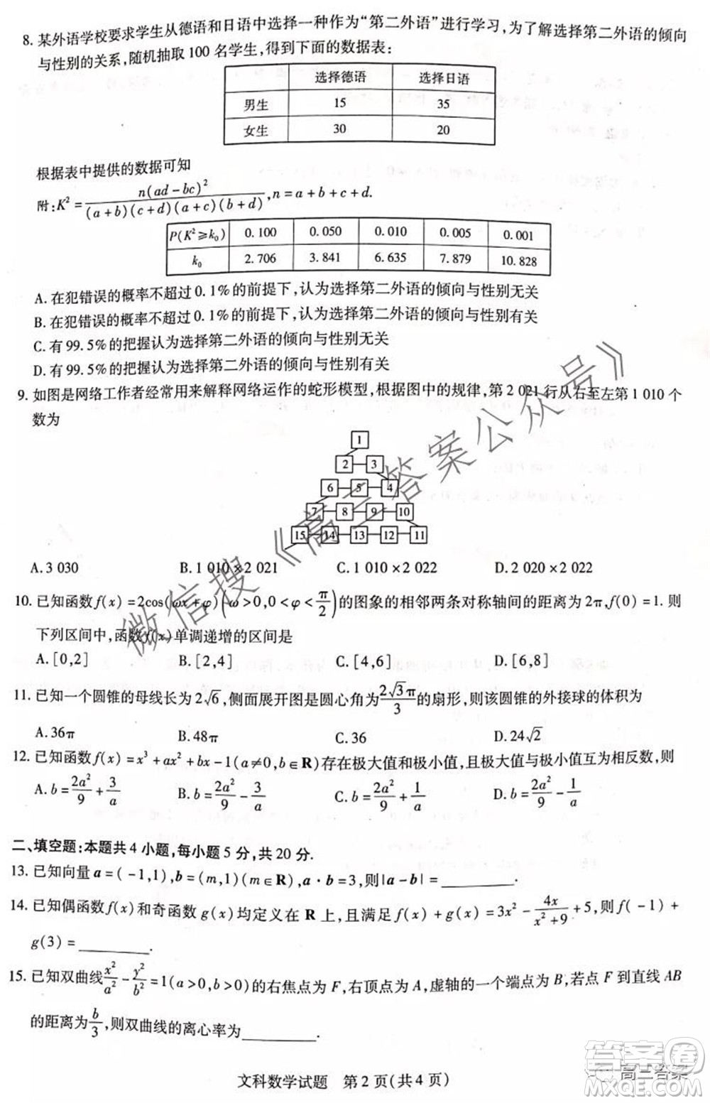 頂尖計(jì)劃2022屆高中畢業(yè)班第一次考試文科數(shù)學(xué)試題及答案