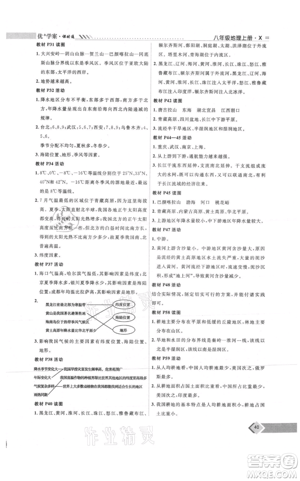 吉林教育出版社2021優(yōu)+學案課時通八年級上冊地理商務星球版X版參考答案
