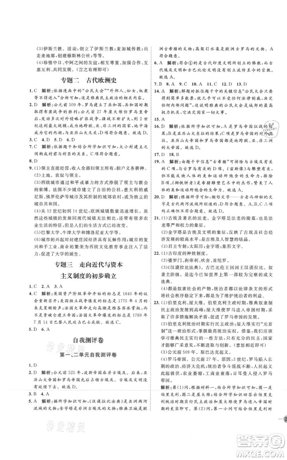 延邊教育出版社2021優(yōu)+學案課時通九年級上冊歷史人教版P版參考答案