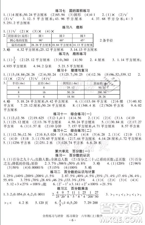 浙江人民出版社2021全程練習(xí)與評價六年級上冊數(shù)學(xué)人教版答案