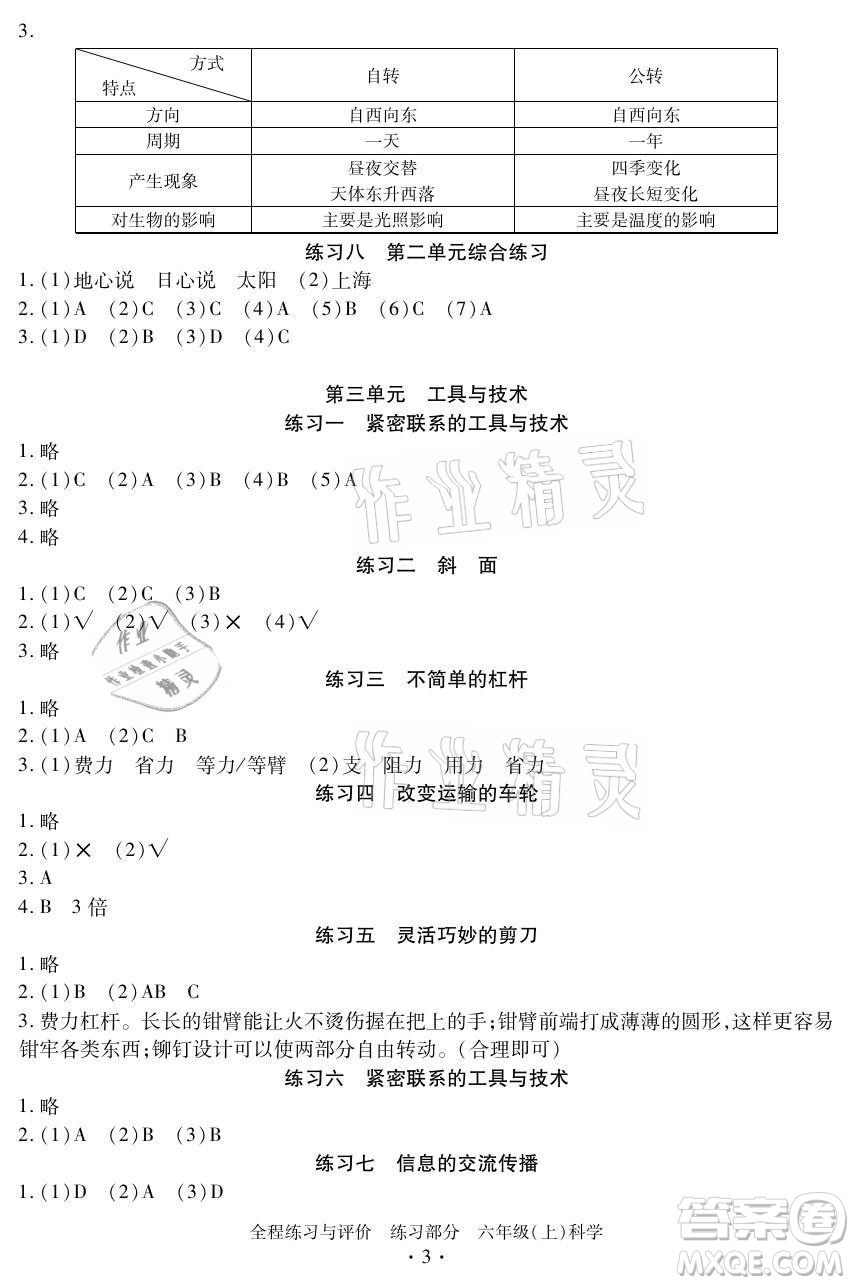 浙江人民出版社2021全程練習(xí)與評(píng)價(jià)六年級(jí)上冊(cè)科學(xué)教科版答案