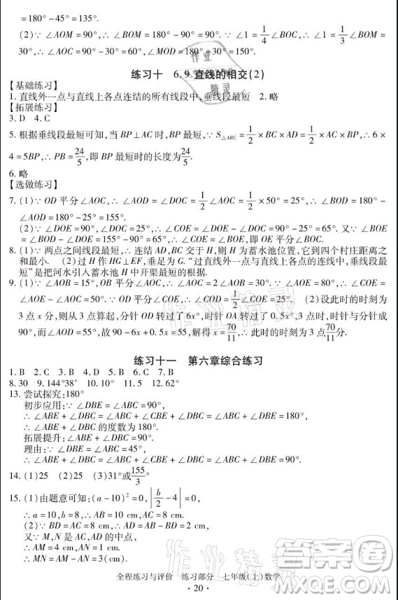 浙江人民出版社2021全程練習(xí)與評價(jià)七年級上冊數(shù)學(xué)浙教版答案