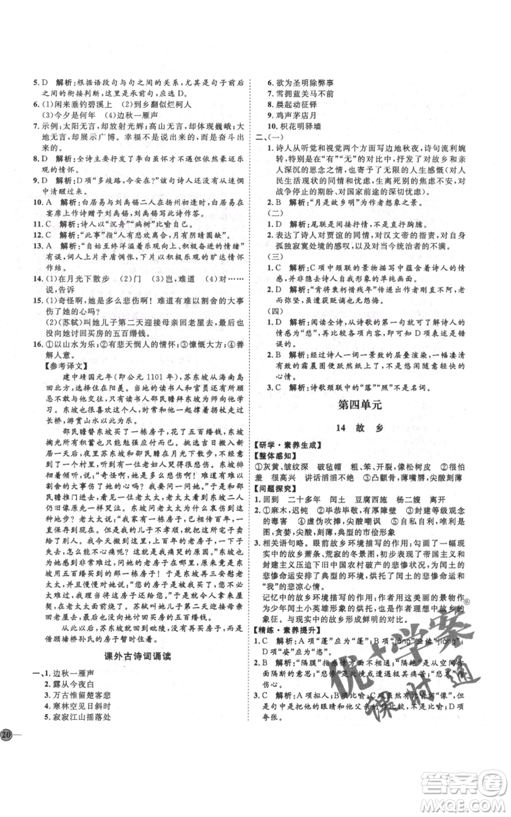 延邊教育出版社2021優(yōu)+學(xué)案課時(shí)通九年級(jí)上冊語文人教版五四學(xué)制泰安專用參考答案