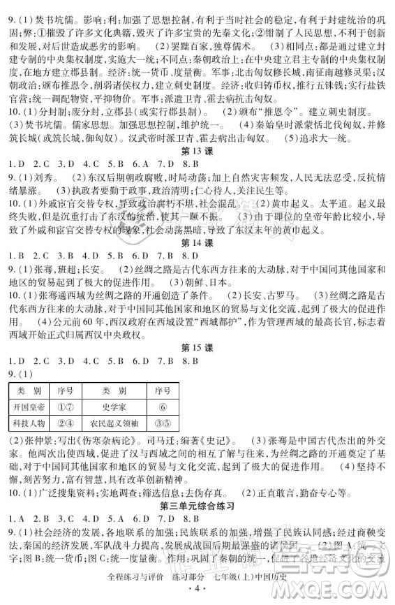 浙江人民出版社2021全程練習(xí)與評價七年級上冊中國歷史人教版答案