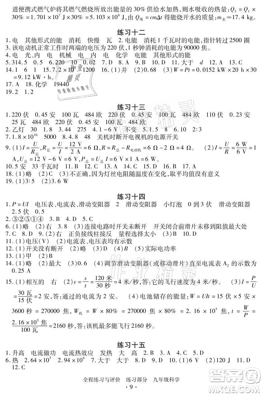 浙江人民出版社2021全程練習(xí)與評價(jià)九年級全一冊科學(xué)浙教版答案