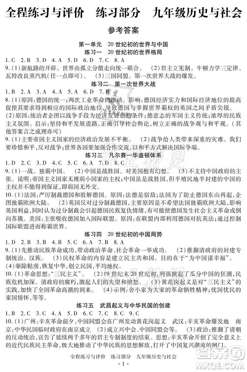 浙江人民出版社2021全程練習(xí)與評(píng)價(jià)九年級(jí)全一冊(cè)歷史與社會(huì)人教版答案