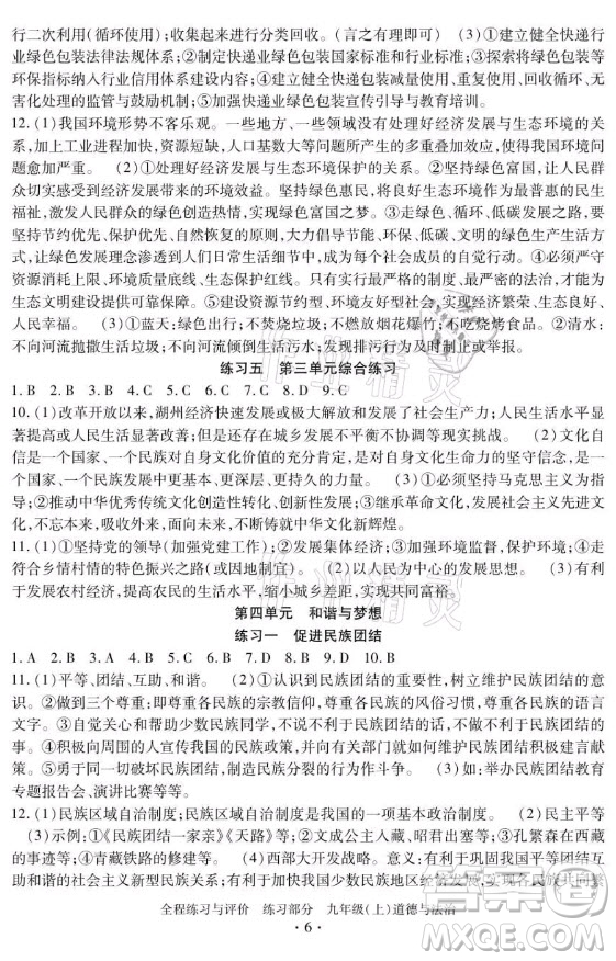浙江人民出版社2021全程練習與評價九年級上冊道德與法治人教版答案