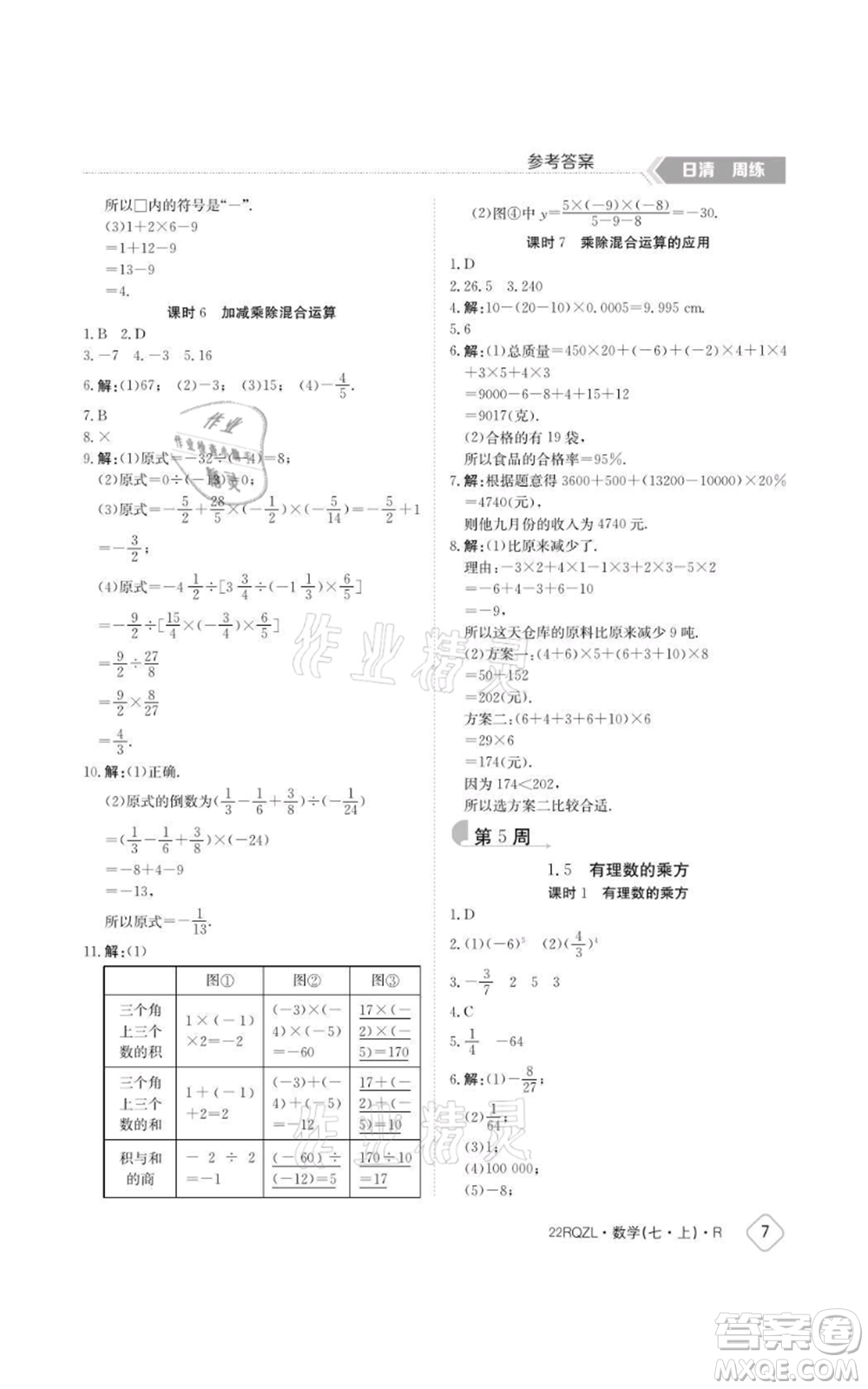 江西高校出版社2021日清周練七年級上冊數(shù)學人教版參考答案