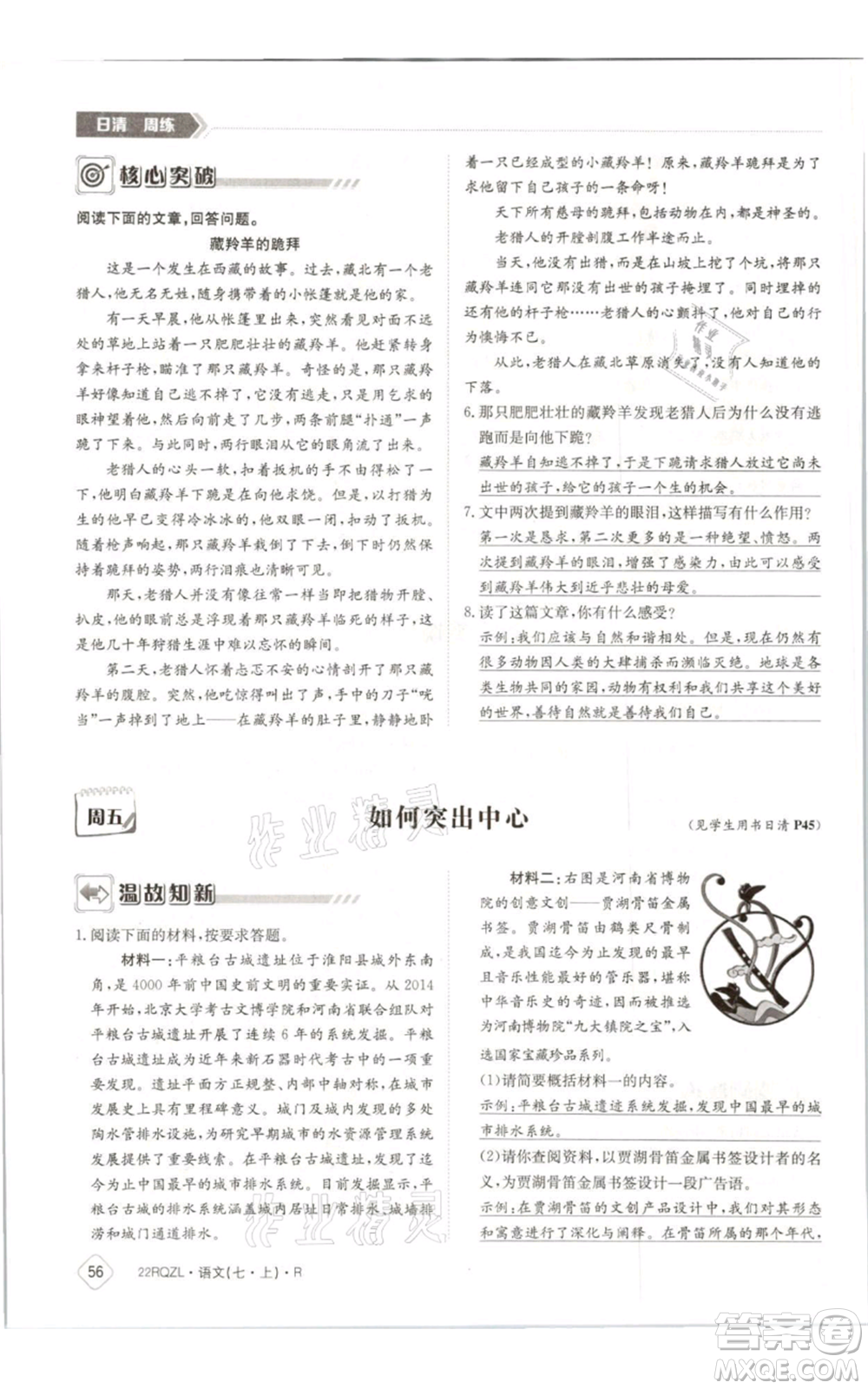 江西高校出版社2021日清周練七年級(jí)上冊(cè)語(yǔ)文人教版參考答案