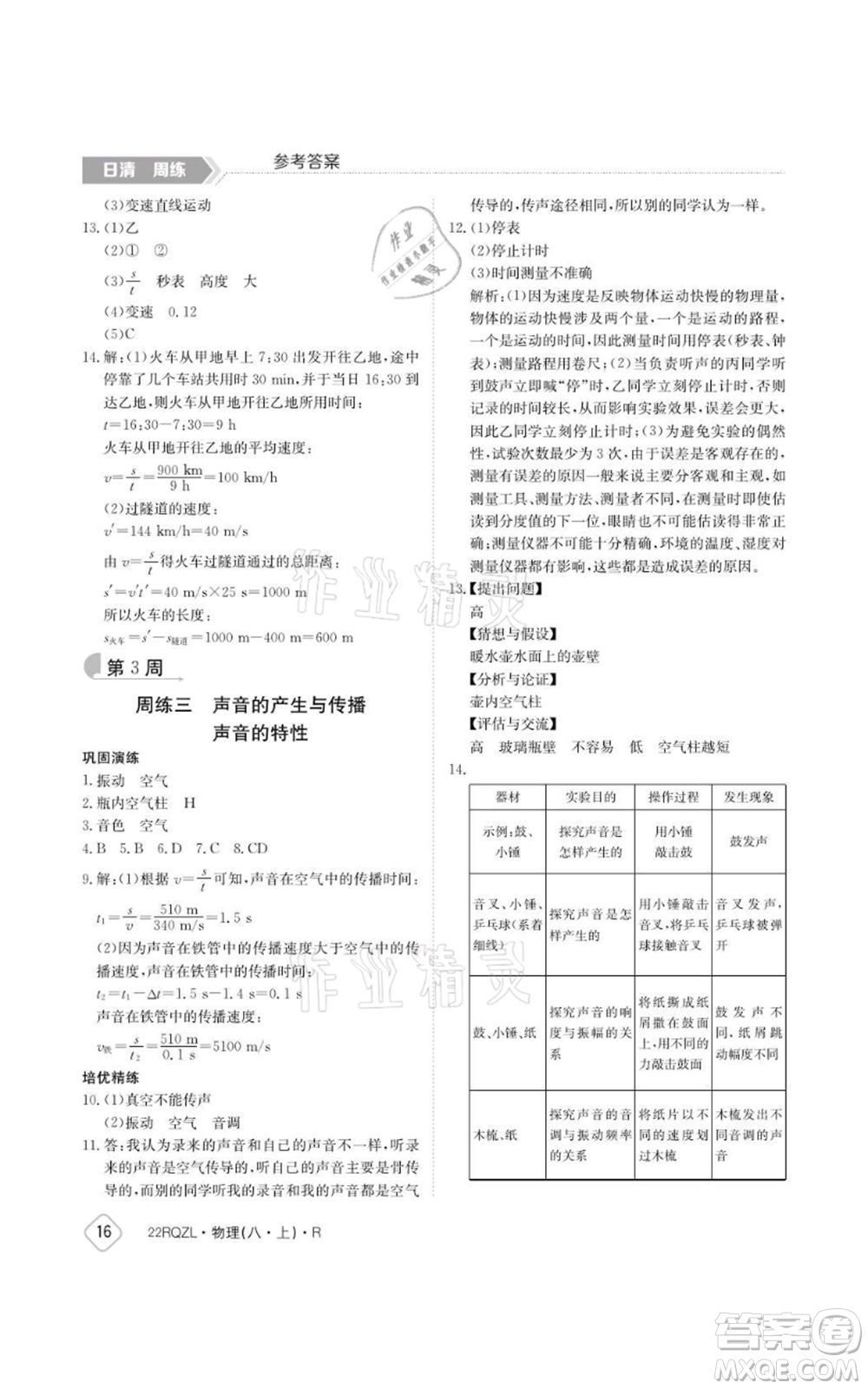 江西高校出版社2021日清周練八年級(jí)上冊(cè)物理人教版參考答案