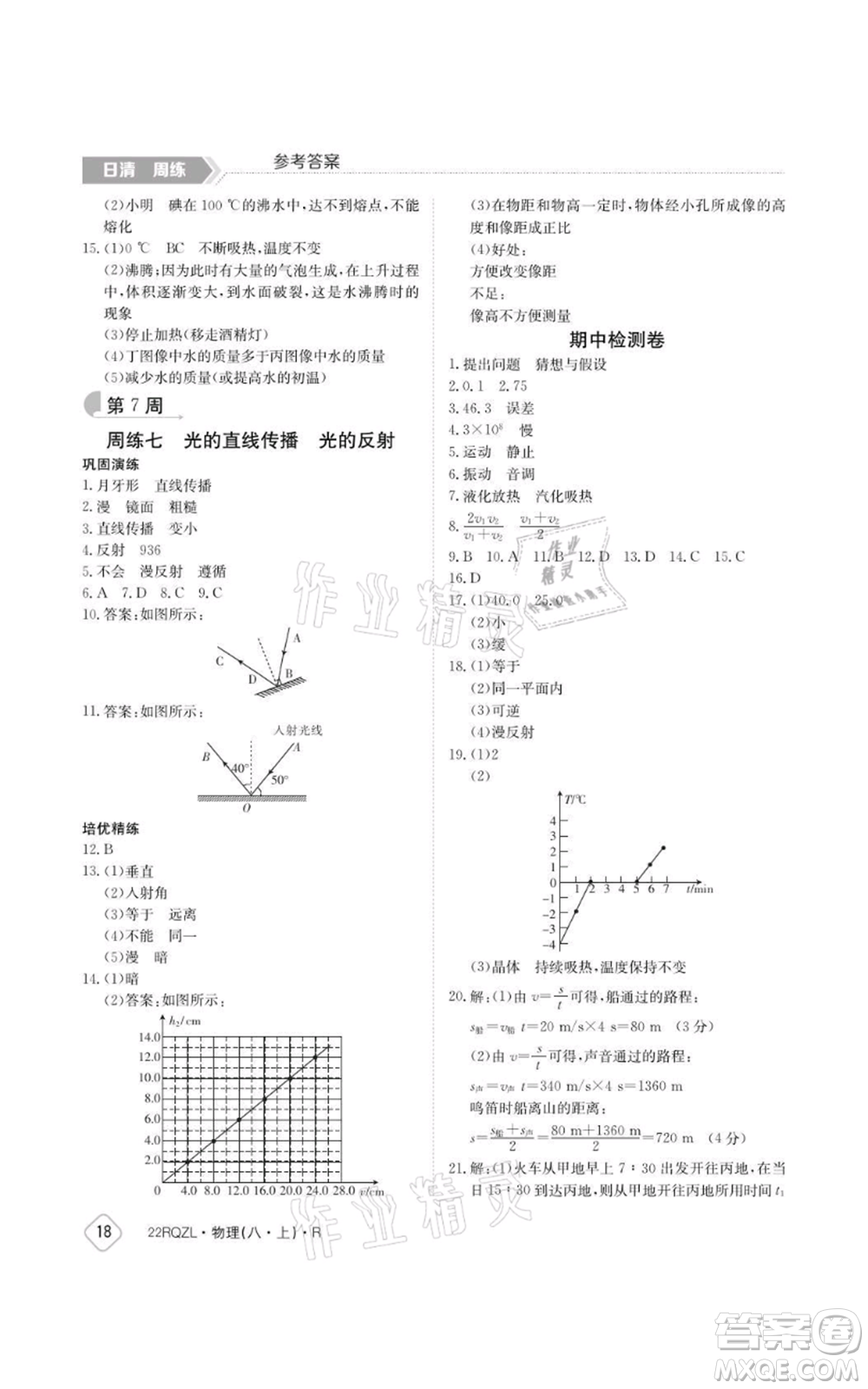 江西高校出版社2021日清周練八年級(jí)上冊(cè)物理人教版參考答案