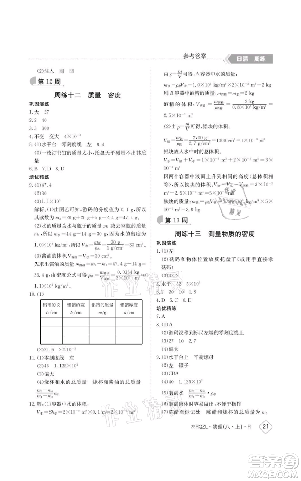 江西高校出版社2021日清周練八年級(jí)上冊(cè)物理人教版參考答案