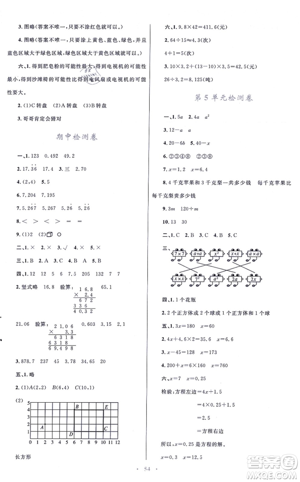 青海人民出版社2021快樂練練吧同步練習(xí)五年級(jí)數(shù)學(xué)上冊(cè)人教版青海專用答案