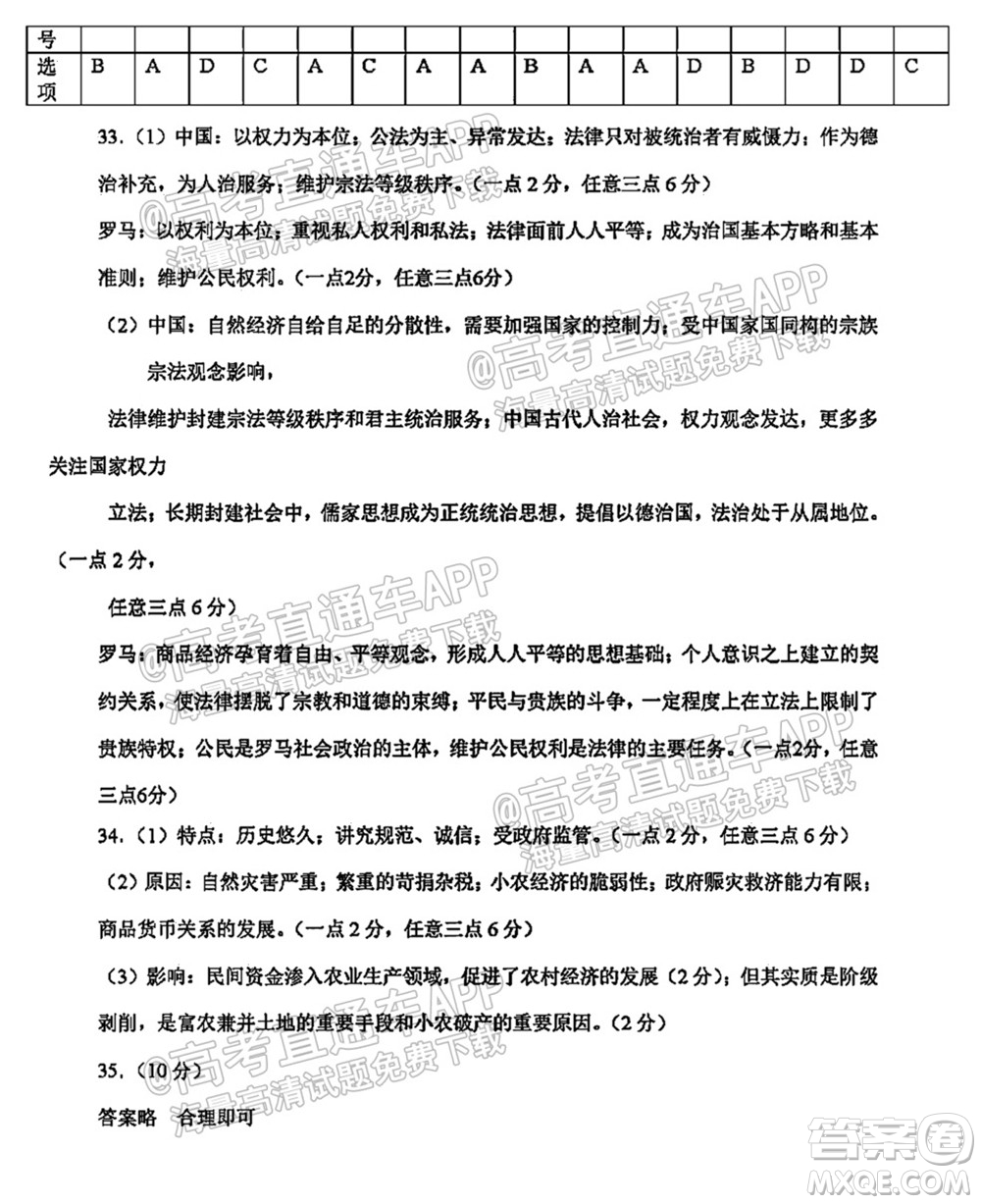 太原五中2021-2022學(xué)年度第一學(xué)期月考高三歷史試題及答案