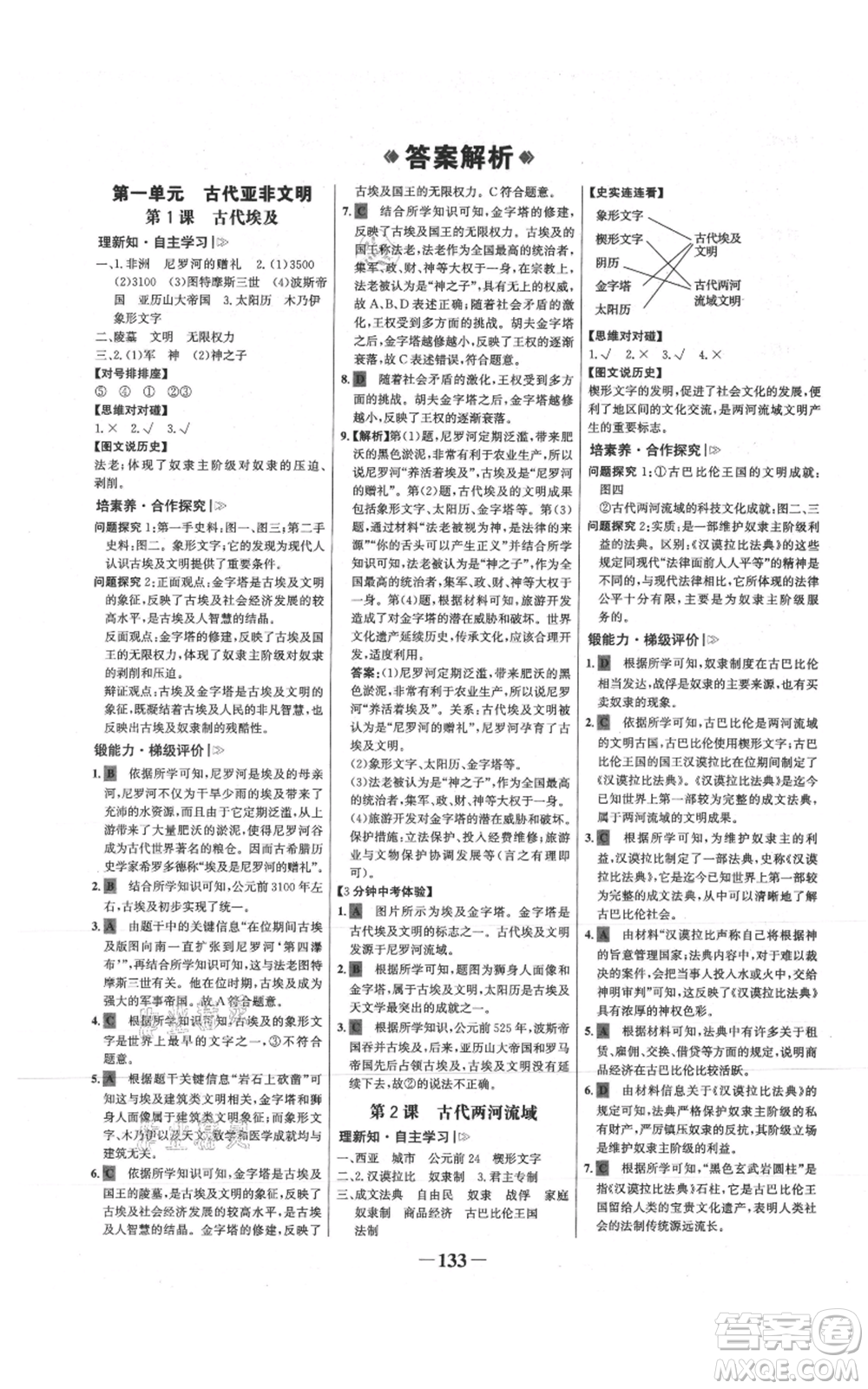 未來出版社2021世紀(jì)金榜金榜學(xué)案九年級上冊歷史部編版參考答案