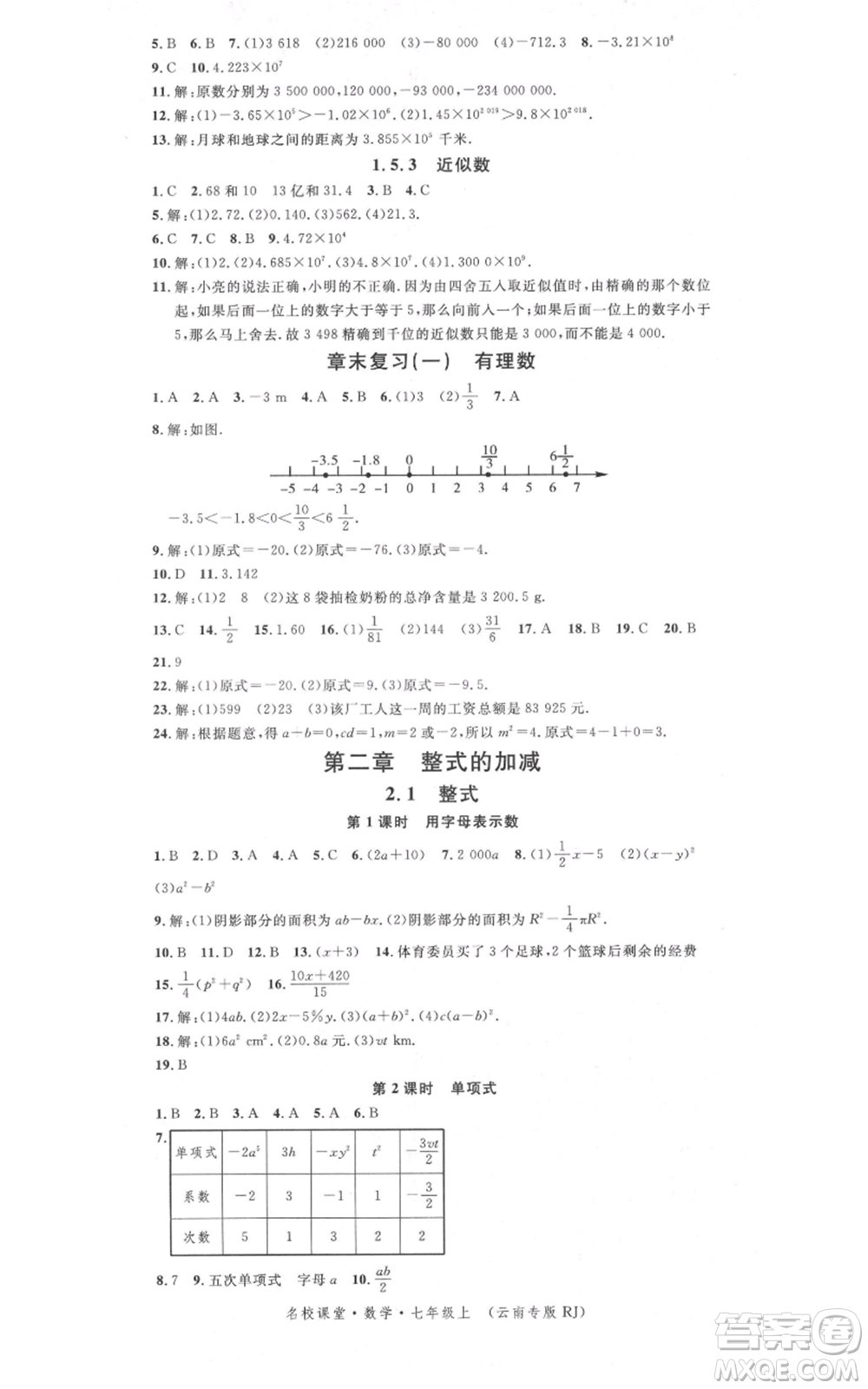 吉林教育出版社2021名校課堂滾動(dòng)學(xué)習(xí)法七年級(jí)上冊(cè)數(shù)學(xué)人教版云南專版參考答案